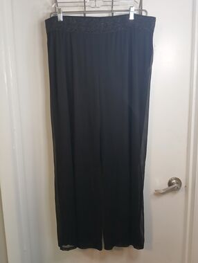 New! Alyx Black Wide-Leg Mesh Overlay Metallic Elastic Waistband Pull On Pant 1X